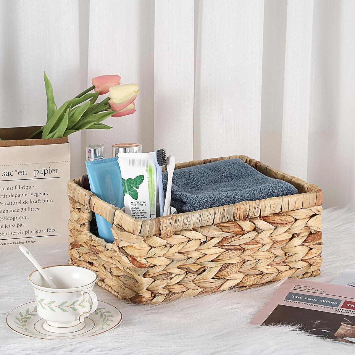 Hipiwe Wicker Basket Water Hyacinth Baskets Rectangular Decorative Baskets Bin for Shelf Organizing, Handwoven Storage Basket Bins with Built-in Handles,15.9"x12"x5.9"