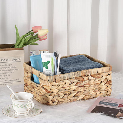 Hipiwe Wicker Basket Water Hyacinth Baskets Rectangular Decorative Baskets Bin for Shelf Organizing, Handwoven Storage Basket Bins with Built-in Handles,15.9"x12"x5.9"