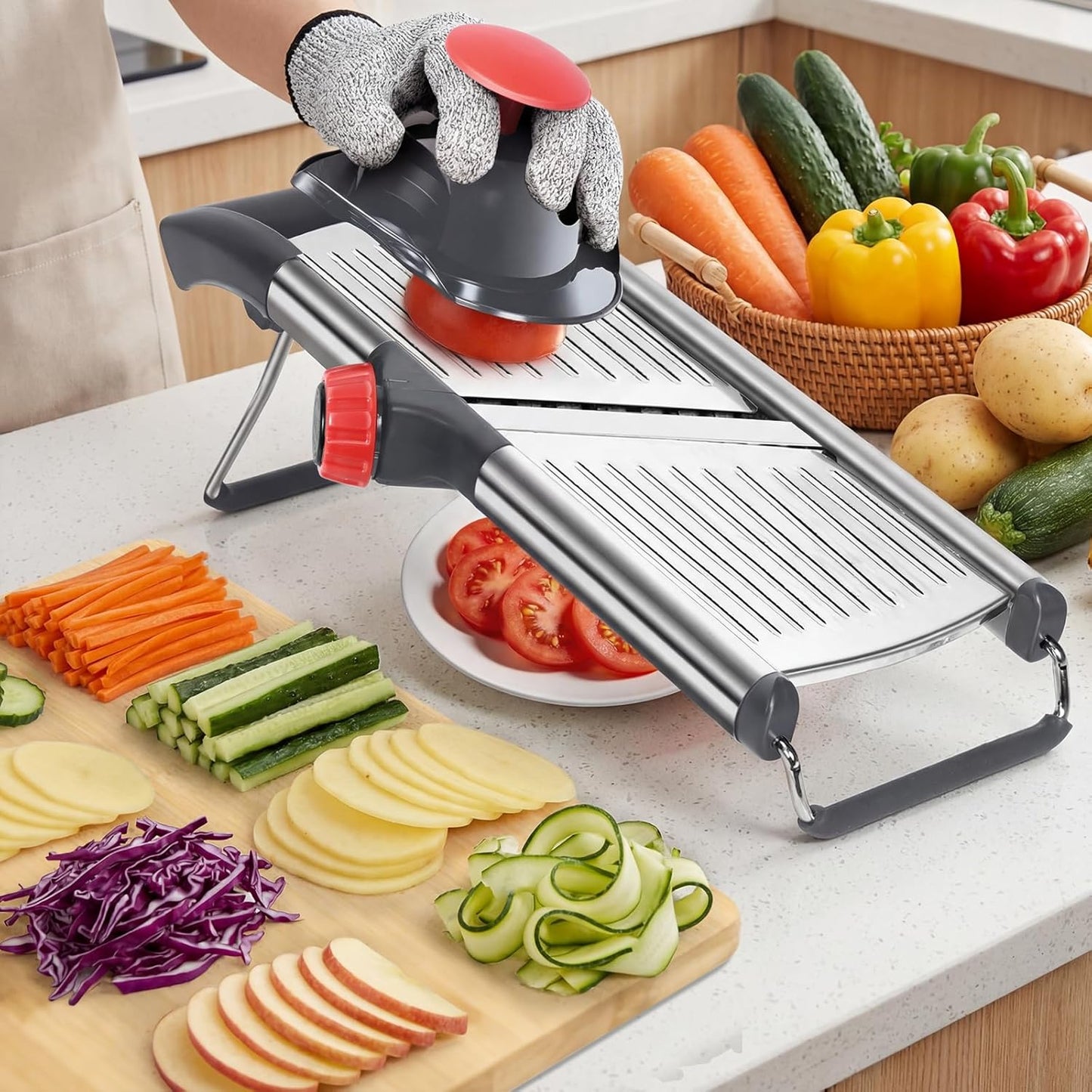 Masthome Adjustable Mandoline Slicer, Thin to 9mm Slice, 4.5mm & 9mm Julienne - Vegetable Cutter for Potato Carrot Onion - Stainless Steel - with Glove & Brush (Red)