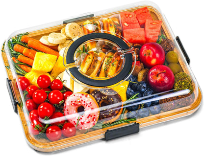 Charcuterie Board with Clear Lid, Portable 6-Compartment Cheese & Snack Tray, Reversible Bamboo Cutting Board, Secure Latch Closure for Picnics, Parties & Light Travel, Housewarming Gift