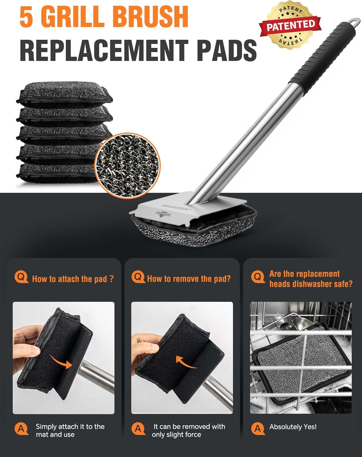 Grill Brush Bristle Free,with 5 BBQ Replacement Head, [Ultra Safe & Efficient] for Cast Iron, Stainless Steel Grates,Grill Cleaner for Outdoor Grill
