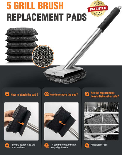Grill Brush Bristle Free,with 5 BBQ Replacement Head, [Ultra Safe & Efficient] for Cast Iron, Stainless Steel Grates,Grill Cleaner for Outdoor Grill