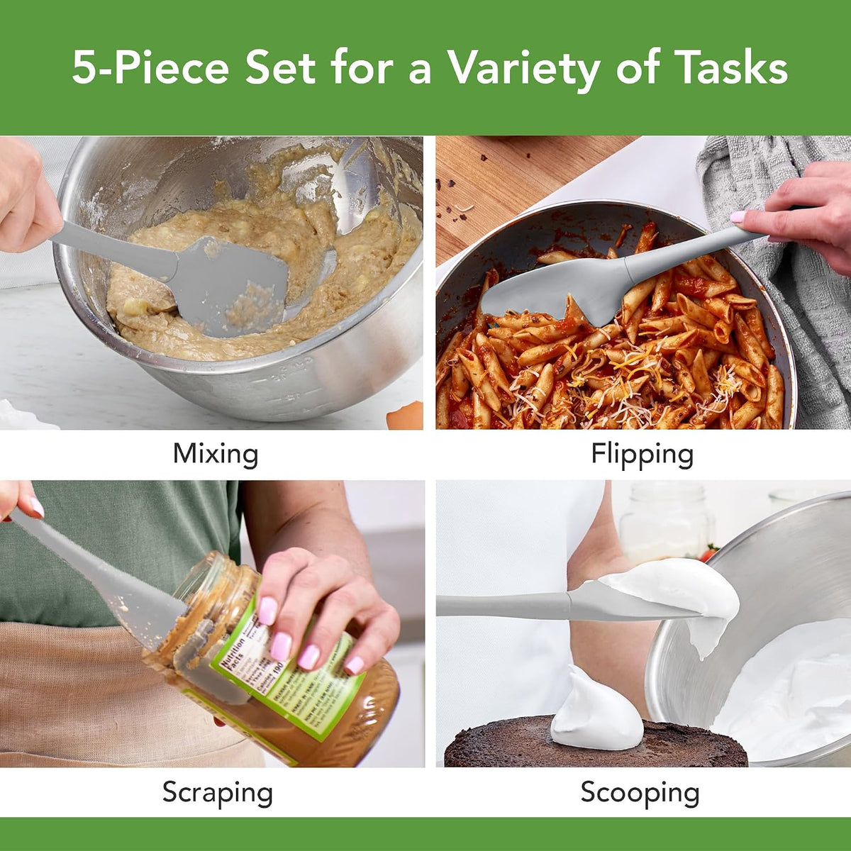 Tovolo Flex Core 5 Piece Silicone Spatula Set Heat Resistant All Silicone Utensils Include Non Stick Spatula Spoonula Jar Scraper, Dishwasher Safe BPA Free Spatulas for Baking Mixing, White
