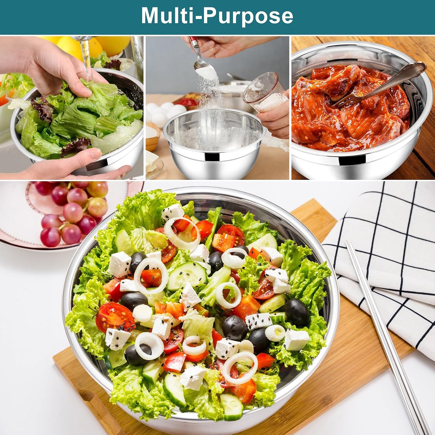 E-far Mixing Bowls With Lids Sets of 5, 10-Piece Stainless Steel Salad Metal Nesting Bowl for Baking Cooking and Prepping, Airtight Lid & Stackable Design, Size 4.6, 3, 2.1, 1.5, 0.7 QT, Black