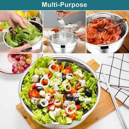 E-far Mixing Bowls With Lids Sets of 5, 10-Piece Stainless Steel Salad Metal Nesting Bowl for Baking Cooking and Prepping, Airtight Lid & Stackable Design, Size 4.6, 3, 2.1, 1.5, 0.7 QT, Black