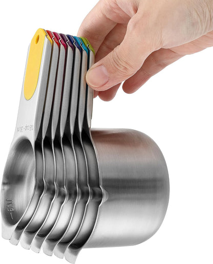 Spring Chef Stainless Steel Measuring Cups Set of 7 with Pour Spout - Nesting Kitchen Tools with Easy Read Markings to Measure Dry or Liquid Ingredients - Metal Measuring Cups for Baking & Cooking