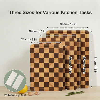 Cutting Board Set of 2 – Checkered Wood & Acrylic Cutting Board with Counter Lip for Kitchen Counter, Wood Checkerboard Chopping Board with Juice Grooves for Vegetables, Fruits, Meat