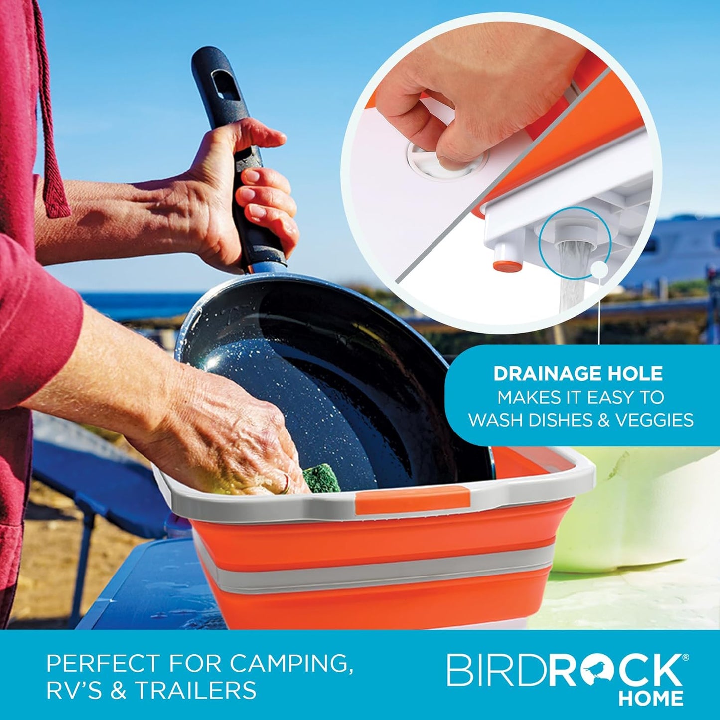 BIRDROCK HOME Collapsible Large BBQ Prep Tub w/Cutting Board, Multi-Function Grill Caddy w/Colander & Lid, Portable Silicone Dish Bowl for Picnic, Tailgate, Camping - Black