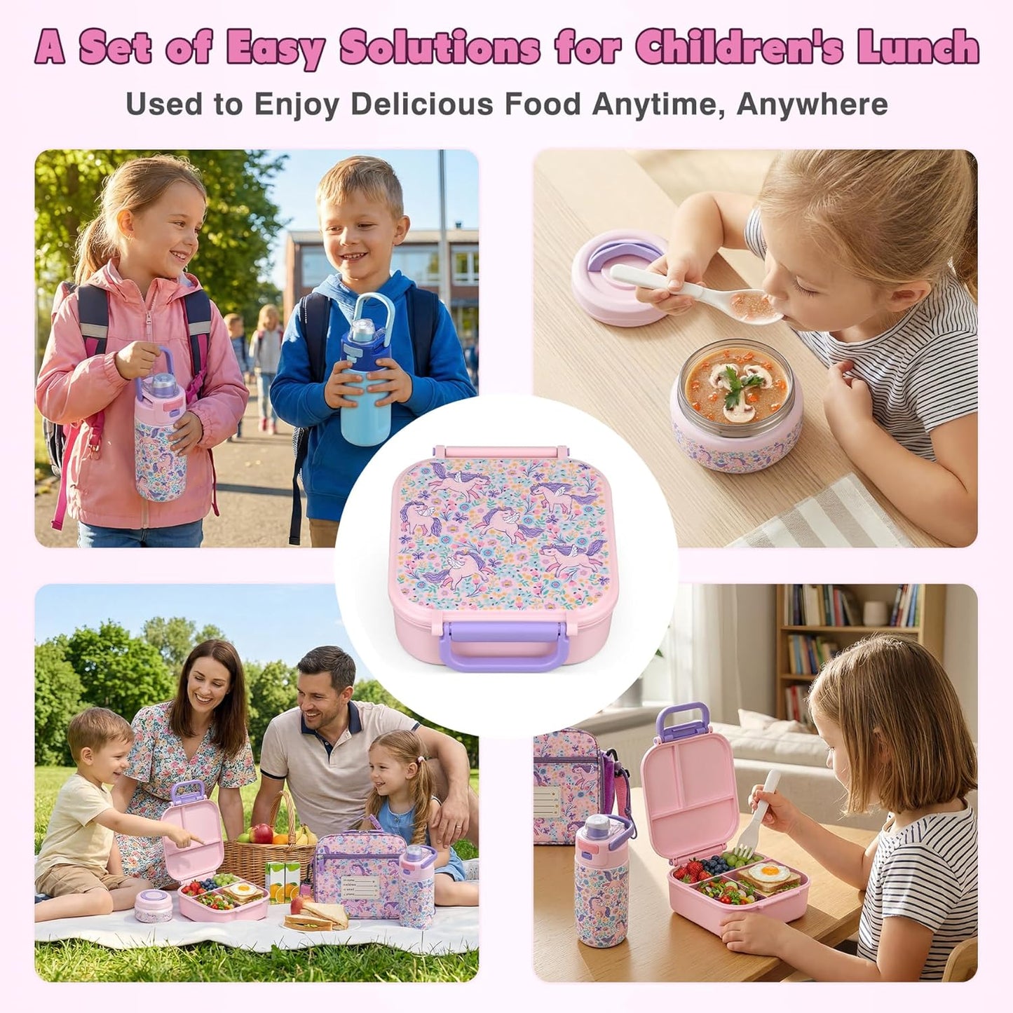 Bento Lunch Box for Kids with 7oz Soup Thermo,Insulated Stainless Steel Kids Water Bottle with Straw and Insulated Lunch Bag,Leak-Proof Lunch Food Container with Ice Pack for School (Purple-Mermaid)