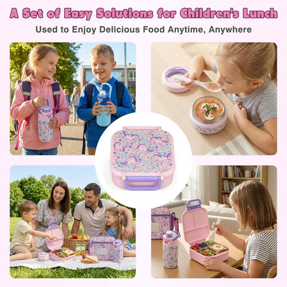 Bento Lunch Box for Kids with 7oz Soup Thermo,Insulated Stainless Steel Kids Water Bottle with Straw and Insulated Lunch Bag,Leak-Proof Lunch Food Container with Ice Pack for School (Purple-Mermaid)