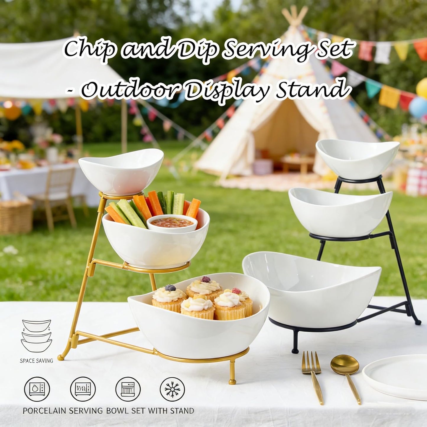 Gomakren 3 Tiered Oval Serving Bowl with Collapsible Metal Rack, Chip and Dip Serving Set, Dessert Appetizer Bowl Set (45oz / 17.5oz / 7oz), Serving Bowls For Mothers Day Entertaining (Gold Stand)