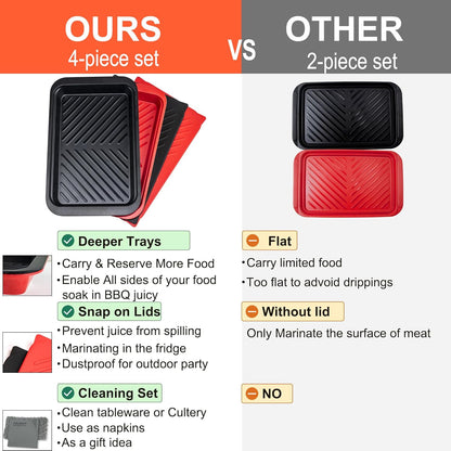 Czlizdyt Deep Grilling Prep and Serve Trays with lid, BBQ Tray for Marinating Raw and Cooked Food, Diswasher Safe Nesting Trays Black in Red