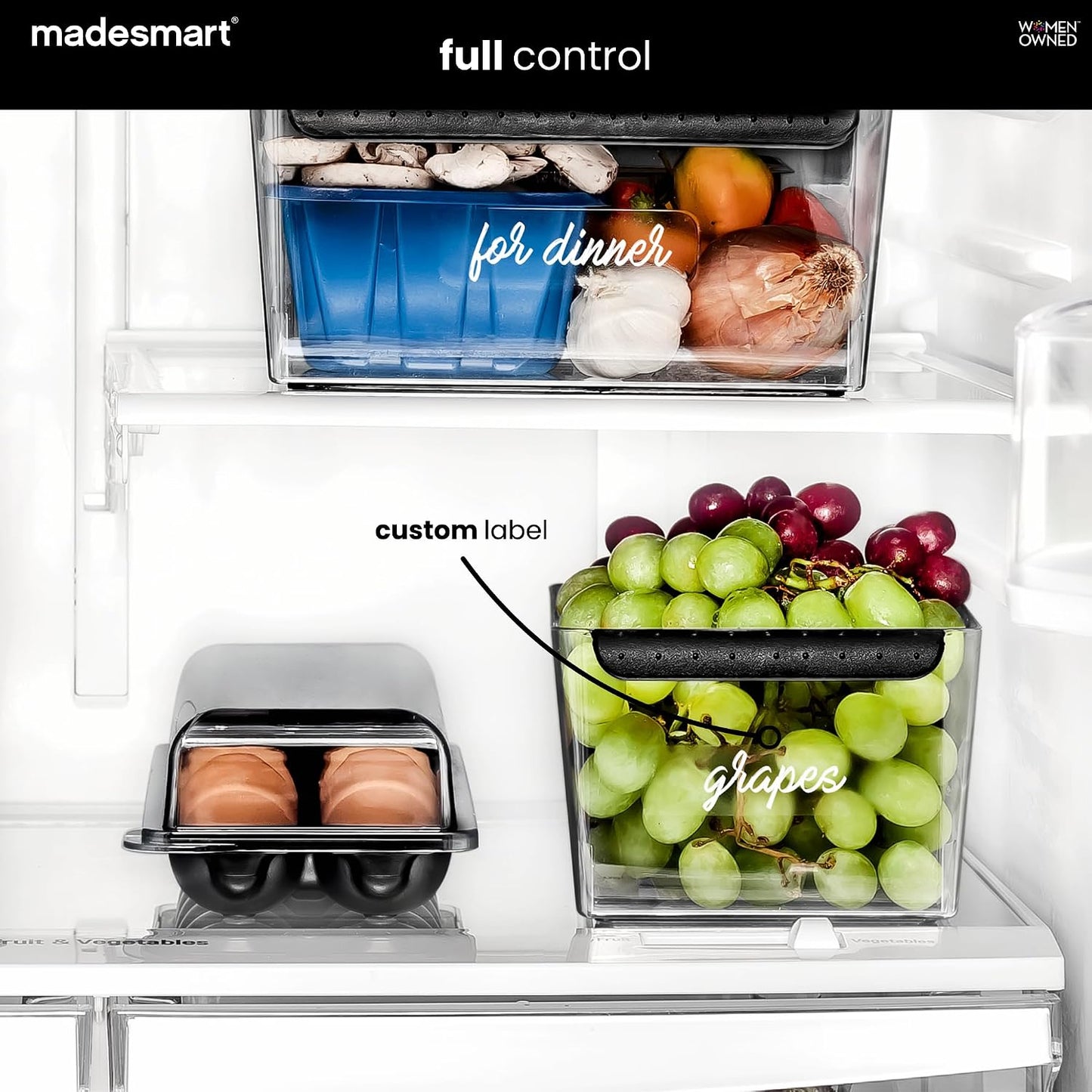 madesmart Fridge Portable Tote, Condiment Caddy with 2 Compartments, Pop-Up Handle & Non-Slip Base, Refrigerator Organizer for Sauces, Jars & Small Items, Clear
