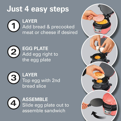 Hamilton Beach Breakfast Sandwich Maker with Egg Cooker Ring, Customize Ingredients, Perfect for English Muffins, Croissants, Mini Waffles, Perfect White Elephant Gifts, Mint (25482)