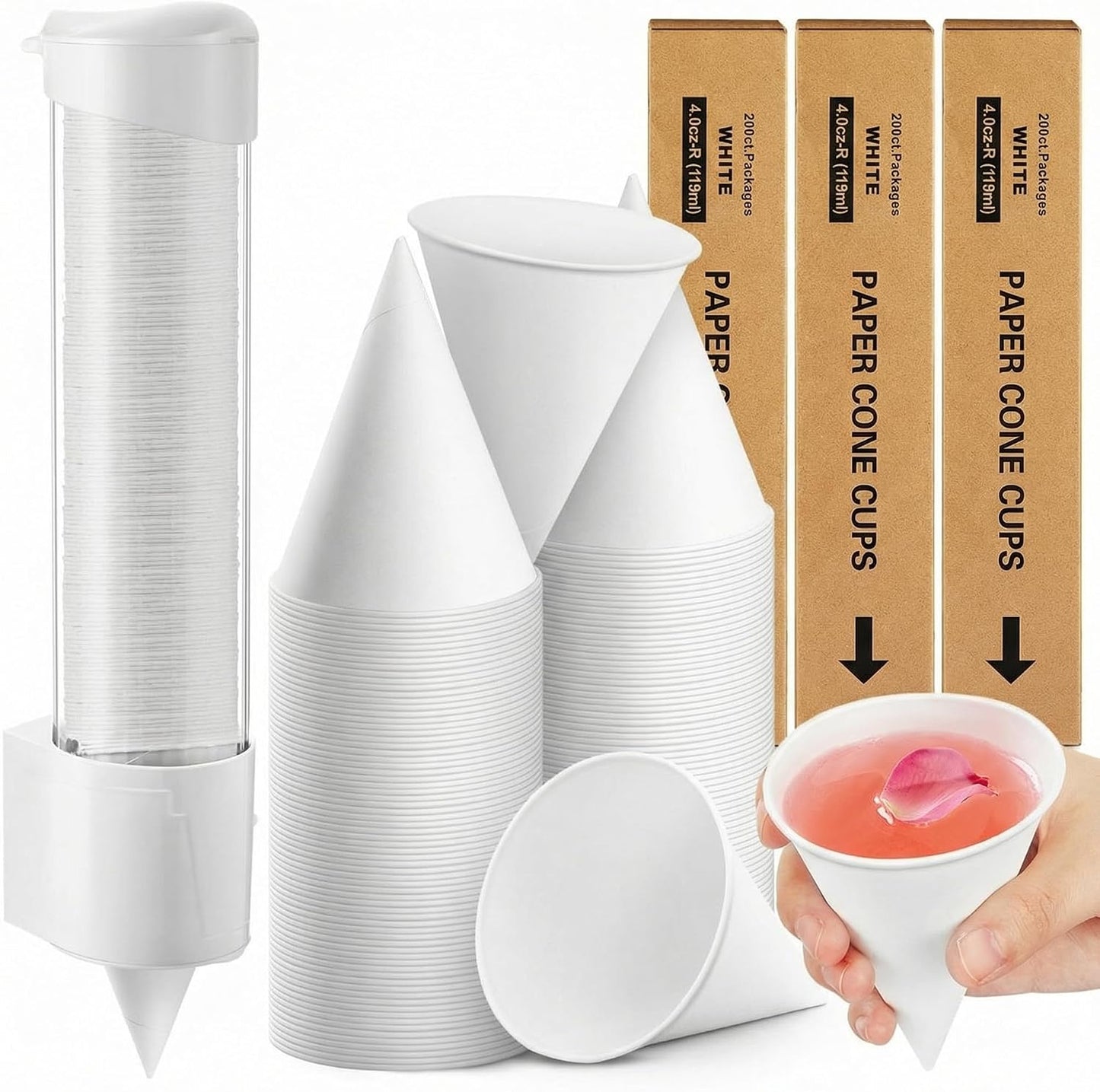Roshtia 600 Pcs 4 oz Snow Cone Cups Paper Thicken Disposable with 1 Cups Dispenser Pull Type Wall Mount Cup Holder Paper for Restaurants, Home, and Office, and Shaved Ice, Cold (Black)