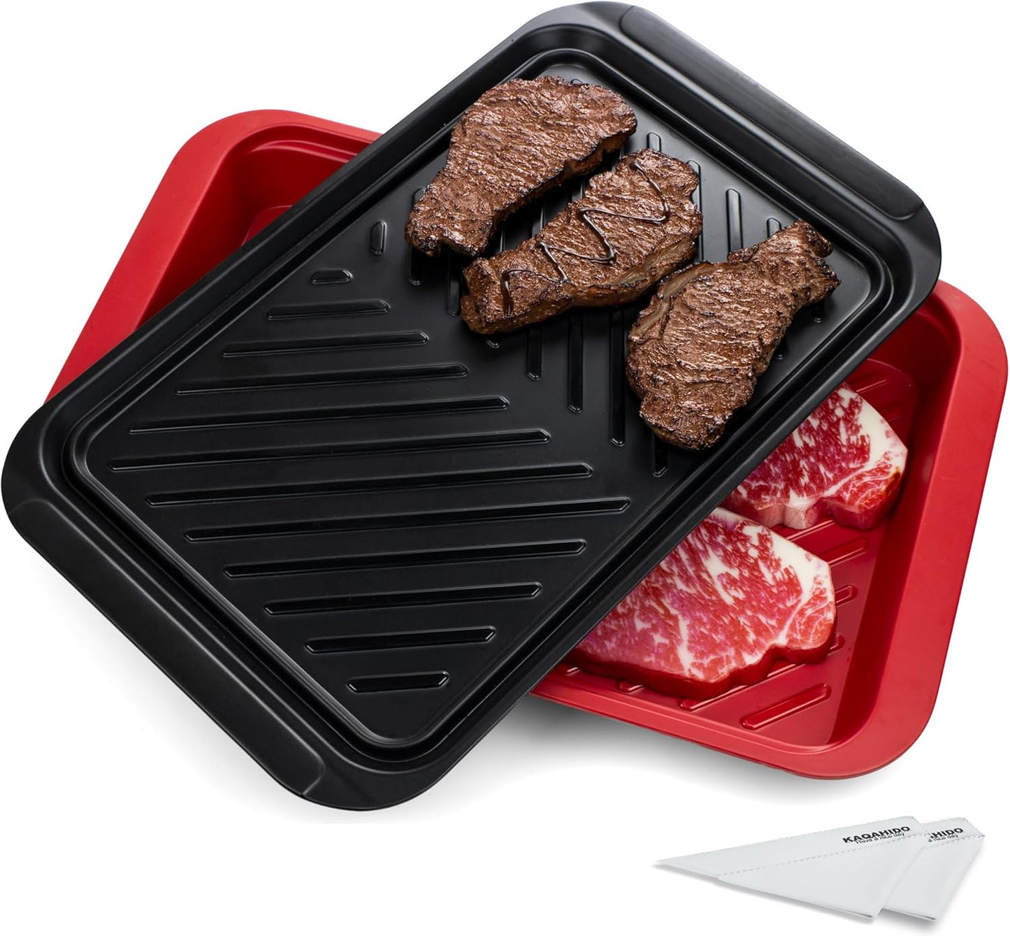 KAQAHIDO Grilling Prep and Serve Trays, BBQ Platter for Raw Meat Marinating and Finished Cooked Food, Melamine Serving Tray, Set of 2, Cleaning Pack Included