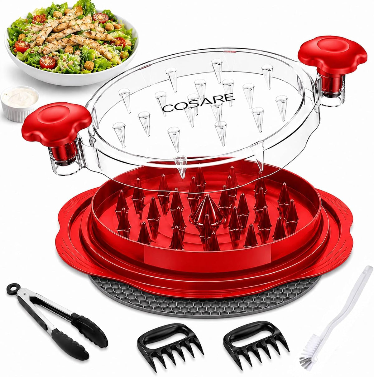 COSARE Chicken Shredder Tool Twist Large, Meat Shredder for Chicken Breast, Pork & Beef, BPA Free, Strong Anti-Slip Strip, Ergonomic Handle, Meat Claws, Tong, Brush & Mat - Red