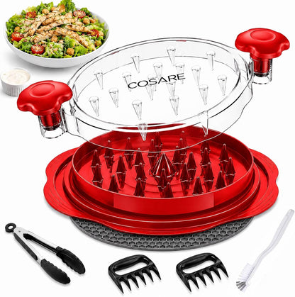 COSARE Chicken Shredder Tool Twist Large, Meat Shredder for Chicken Breast, Pork & Beef, BPA Free, Strong Anti-Slip Strip, Ergonomic Handle, Meat Claws, Tong, Brush & Mat - Red