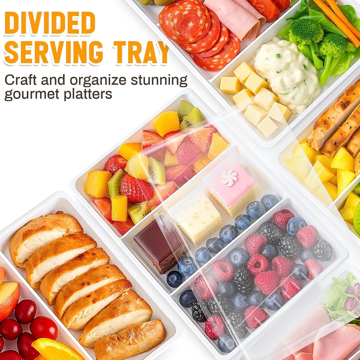 Shellwei 5 Pack Extra Large Charcuterie Board with Lid 15 x 10 Inch 3 Section Divided Catering Trays with Lids Large Disposable Travel Catering Serving Trays Platter (White)