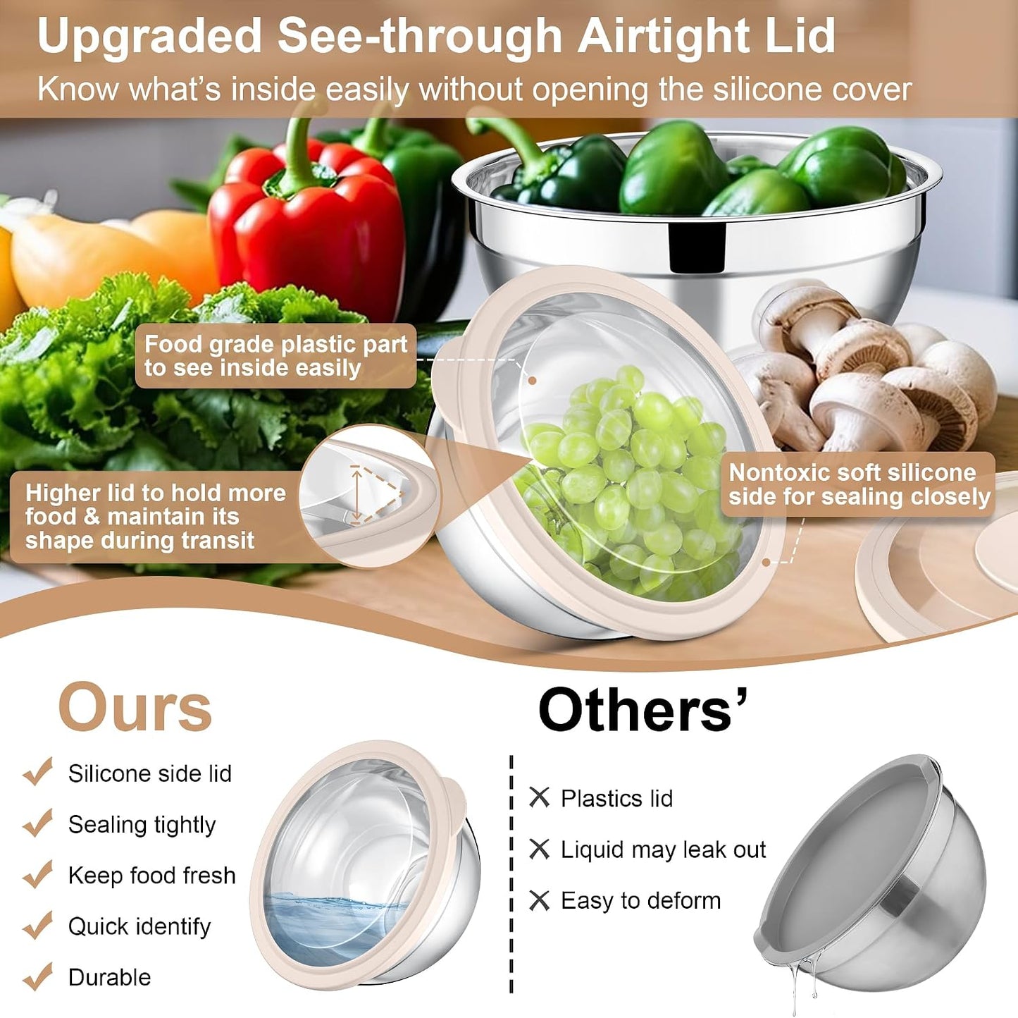E-far Mixing Bowls Set of 5, Stainless Steel Salad Mixing Bowl with Transparent Lid, Metal Nesting Bowl Attach with 3 Graters for Kitchen Prepping/Serving/Baking/Storage, 4.6/2.6/1.5/1/0.7 QT - Black