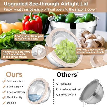 E-far Mixing Bowls Set of 5, Stainless Steel Salad Mixing Bowl with Transparent Lid, Metal Nesting Bowl Attach with 3 Graters for Kitchen Prepping/Serving/Baking/Storage, 4.6/2.6/1.5/1/0.7 QT - Black