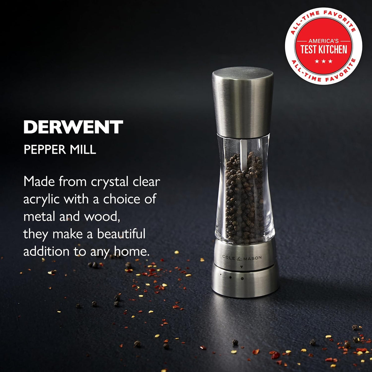 Cole & Mason Derwent Grinder, 7.5" Pepper Mill, Stainless Steel