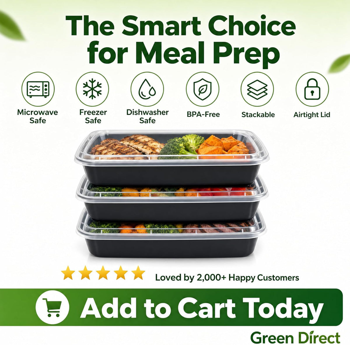 Green Direct Lunch Box Sets/Large Food Container with Lid / 2 Compartment Bento Box, Microwaveable, Freezer & Dishwasher Safe, Leak Proof, 10 Pack