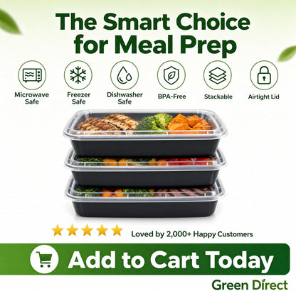 Green Direct Lunch Box Sets/Large Food Container with Lid / 2 Compartment Bento Box, Microwaveable, Freezer & Dishwasher Safe, Leak Proof, 10 Pack