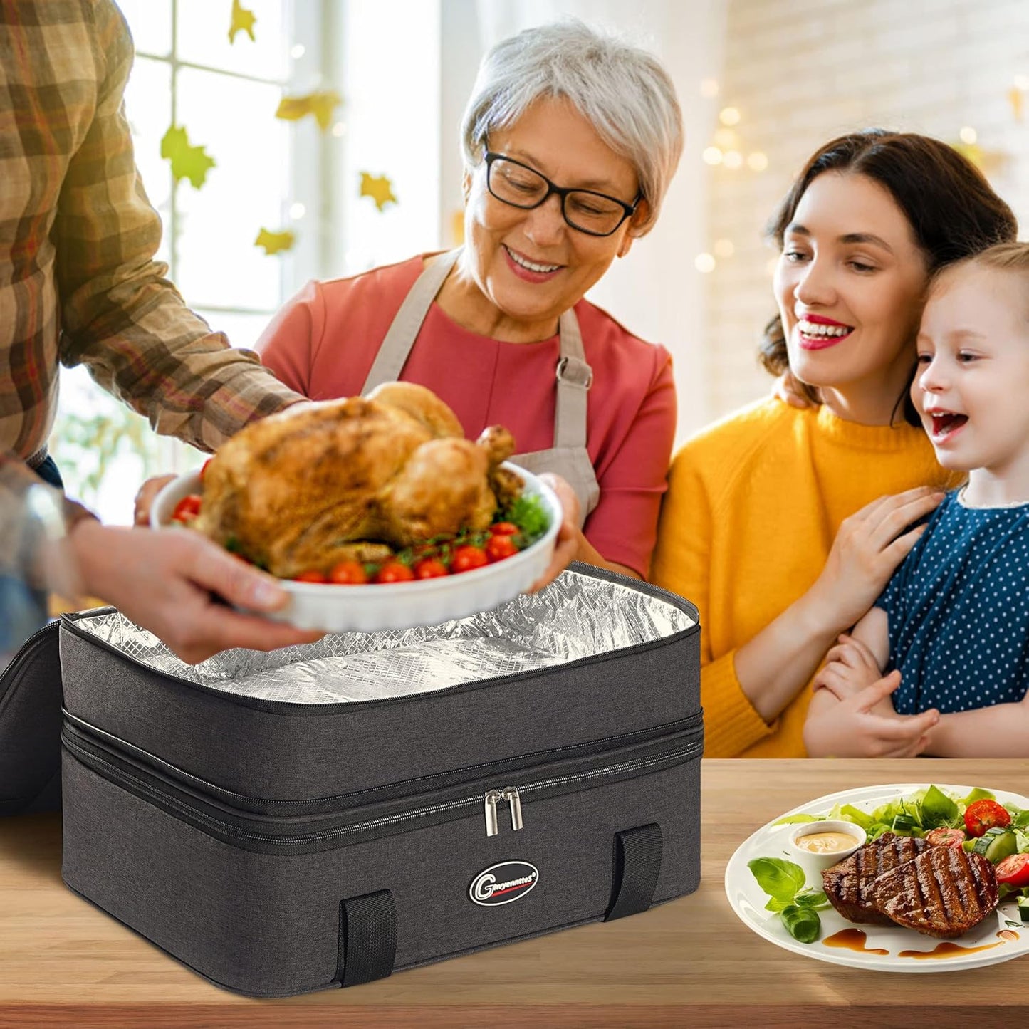 GhvyenntteS Insulated Casserole Carrier, Double Casserole Carriers for Hot or Cold Food Warmer Bag, Lasagna Lunch Bag Keep Food Warm for Potluck Parties, Picnic, Travel, Fits 9"x13" Baking Dish, Grey