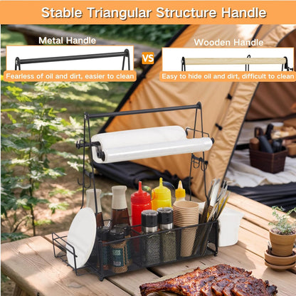 Grill Caddy, BBQ Caddy with Paper Towel Holder and 2 Hooks, Grill Utensil Organizer for Camping Outdoor Barbecue Accessories Organizer, Grilling Gifts for Men