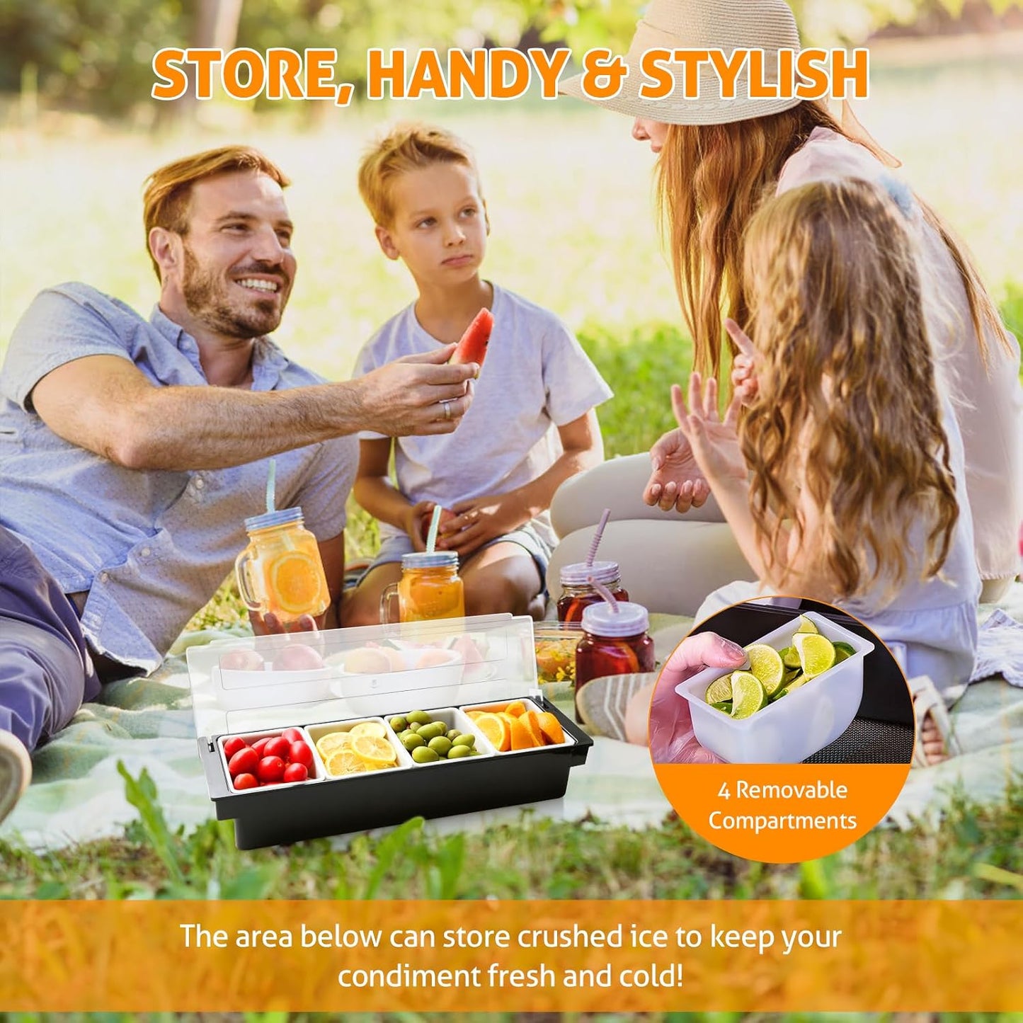 WICHEMI Fruit, Veggie & Condiment Caddy with Lid Dispenser Tray Plastic Garnish Station for Bartending & Serving Taco, Ice Cream, Salad Bar - Topping Organizer for Restaurant Supplies (3 Compartment)