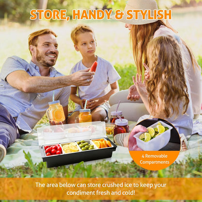WICHEMI Fruit, Veggie & Condiment Caddy with Lid Dispenser Tray Plastic Garnish Station for Bartending & Serving Taco, Ice Cream, Salad Bar - Topping Organizer for Restaurant Supplies (3 Compartment)