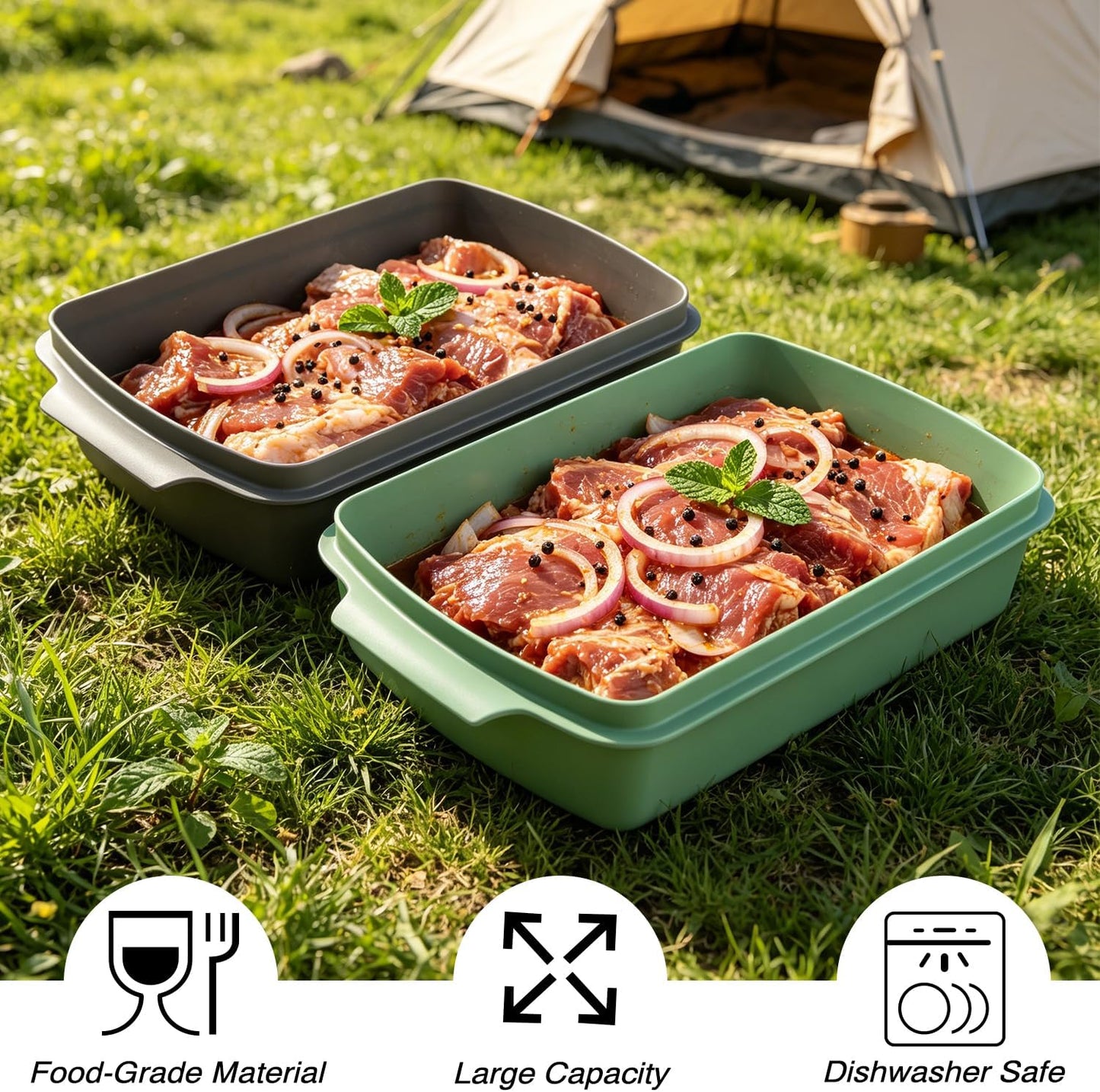 Sunmei Grill Prep and Serving Trays, 3-in-1 Stackable BBQ Food Tray, 5PCS BBQ Serving Set with Marinating Container, Serving Platter, Cutting Board and 2PCS Colored 12-Inch Grill Tongs (Green)
