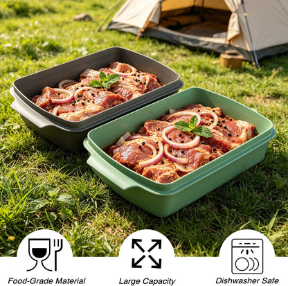 Sunmei Grill Prep and Serving Trays, 3-in-1 Stackable BBQ Food Tray, 5PCS BBQ Serving Set with Marinating Container, Serving Platter, Cutting Board and 2PCS Colored 12-Inch Grill Tongs (Green)