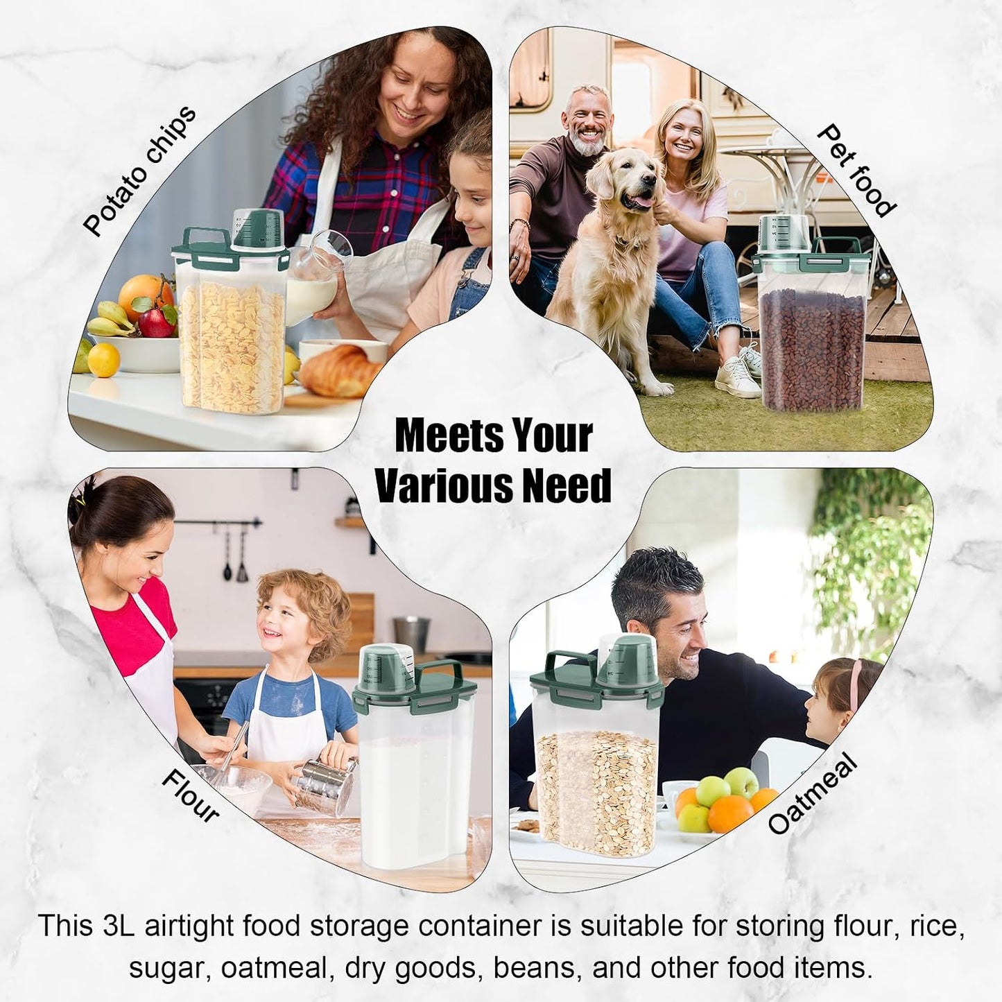 LEAWALK Airtight Rice Storage Container, 3-5Lbs Cereal Dry Food Flour Bin, Pet Dog Cat Food Dispenser with Measuring Cup, BPA Free Plastic Kitchen and Pantry Organization Bin for Sugar-Clear Grey