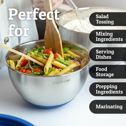 Priority Chef Stainless Steel Mixing Bowls with Lids Set, Metal Nesting Bowls with Airtight Lids, Graters, Non-Slip Base & Measurement Marks, Includes Utensil Set for Prep, Baking & Storage, Black