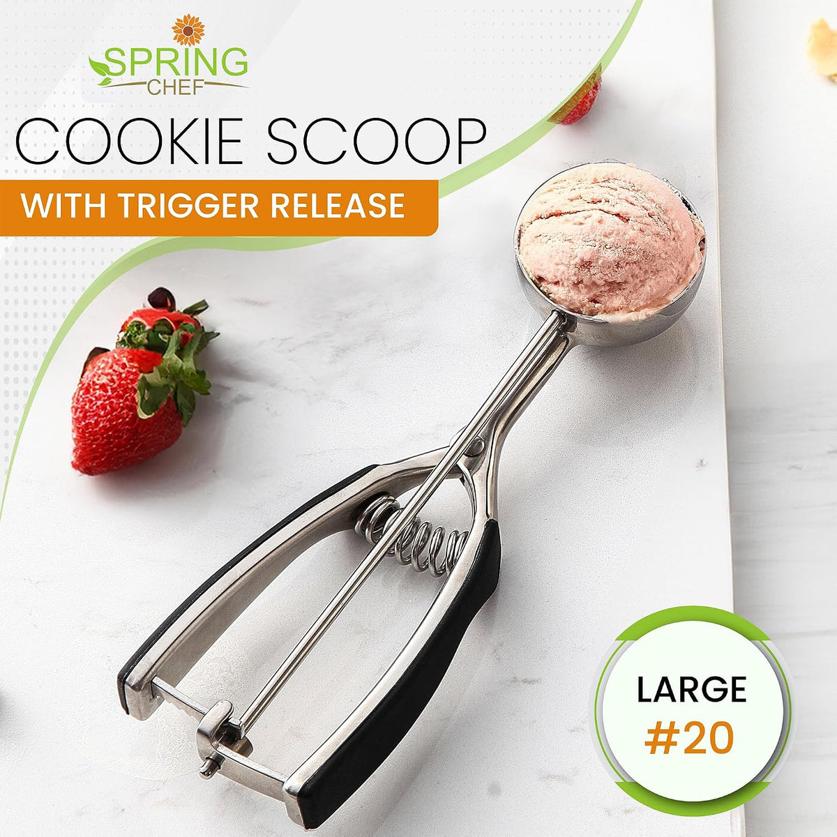 Spring Chef Extra Large Stainless Steel Cookie Scoop, #10, 5.5 Tbsp, Black