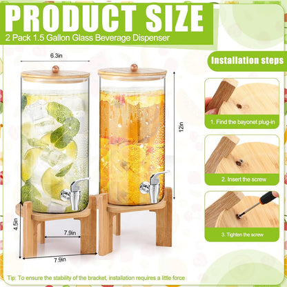 FillTouch 2 Pack 2.5 Gallon Drink Dispensers for Parties, Glass Beverage Dispensers with Bamboo Stand, Spigot and Bamboo Lid Leakproof for Lemonade Juice, Tea, Water, and Party Drinks