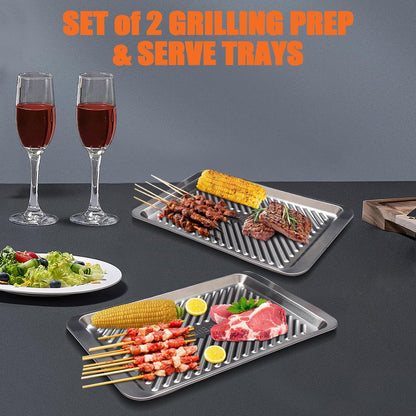 Grilling Prep and Serve Trays, Set of 2 Stackable Stainless Steel BBQ Trays, Deep Marinating Container, Serving Platter for Plating Food, BBQ Prep Tub for Marinating Meats, Grill Accessories