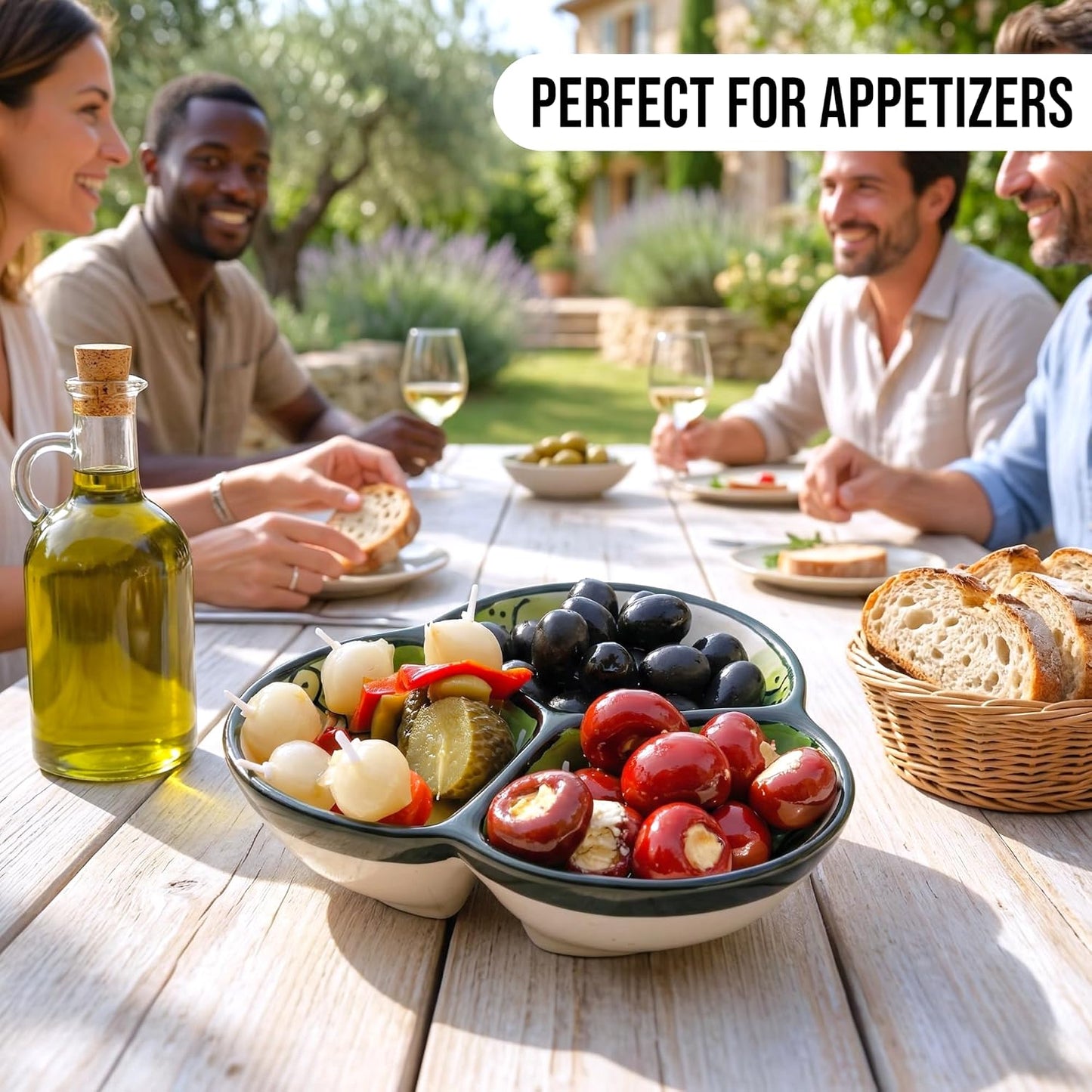 Ceramic Chip & Dip Bowl 7.5”, 3-Compartment Divided Serving Dish & Condiment Tray for Appetizers – Handmade in Spain, Lead-Free Glaze, Microwave, Oven & Dishwasher Safe