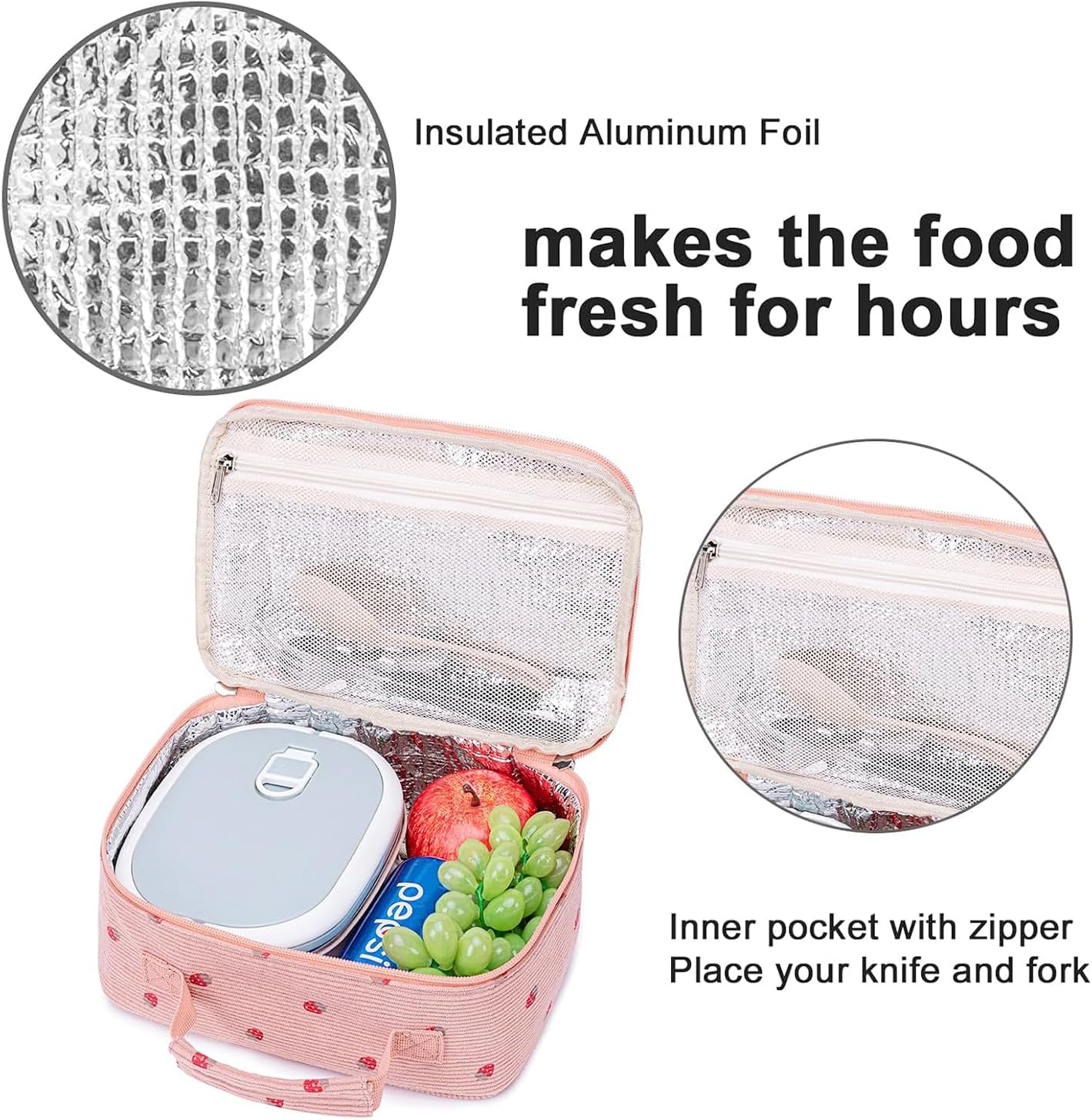 Bluboon Insulated Lunch Bag for Girls & Boys, Corduroy School Lunch Box with Cooler & Organizer Compartments, Leak-Proof Lunch Tote for School, Travel (Corduroy Strawberries Beige)
