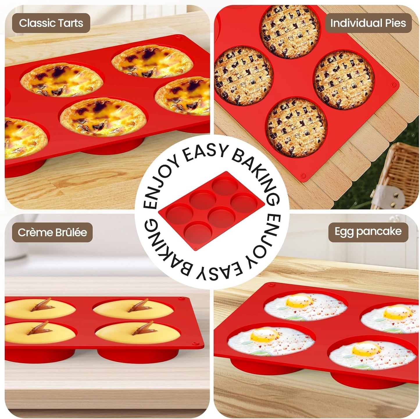 Redfly Silicone Egg Molds for Breakfast Sandwiches 2 Pcs, Non Stick 3 Inch Egg Bites Baking Pans, Silicone Muffin Pans for Baking, Round Muffin Top Pan for Whoopie Pie Pan, Tarts, Quiche