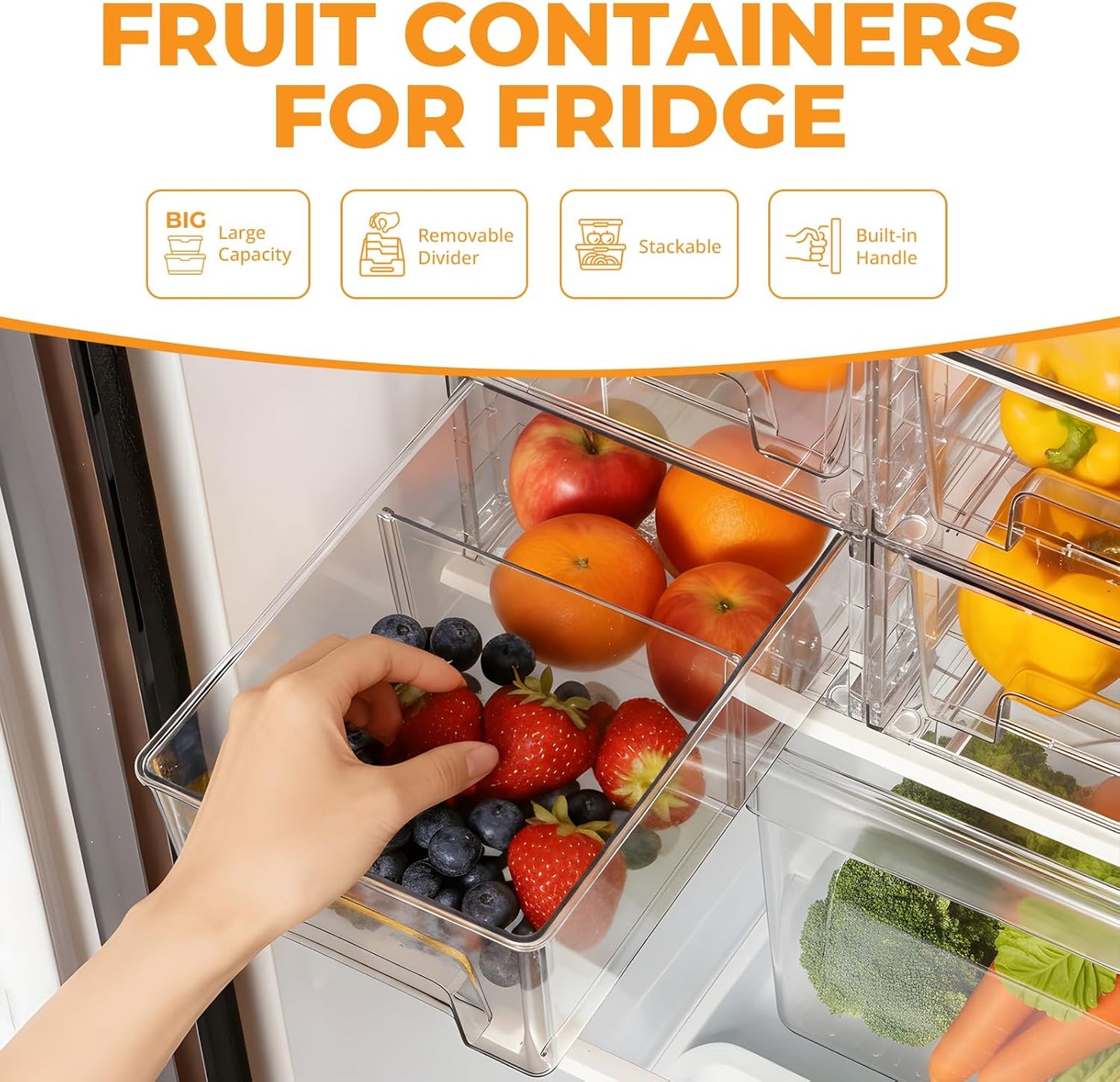 6 Pack Stackable Storage Drawers,Plastic Organizers Bins, Drawers Storage with Handles and Movable Dividers for Organization and Storage in Fridge,Bathroom, Pantry, Kitchen Cabinets, Under Sink