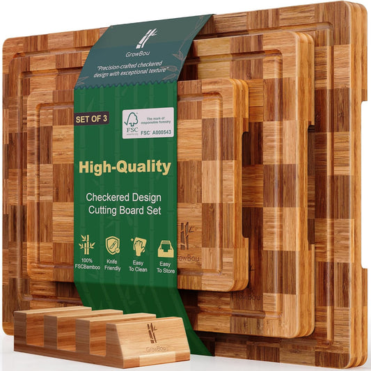 Extra Large Bamboo Cutting Boards, 3-Pack Heavy Duty Bamboo Cutting Boards Set with Juice Grooves & Non-Slip Feet – Extra Large Thick Wood Chopping Board for Meat, Fruits & More, Non-Toxic & Durable