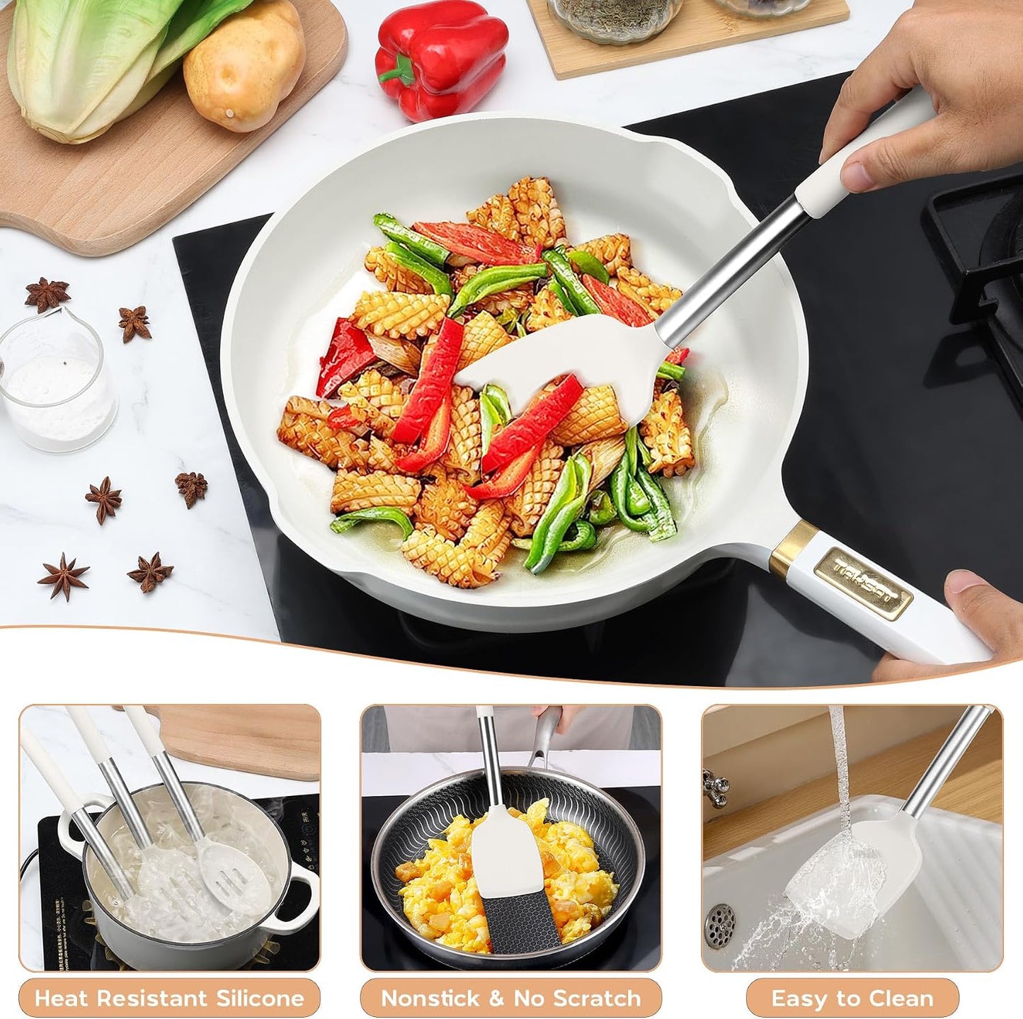 Onader Kitchen Utensils Set, 15 Pcs Silicone Cooking Utensils Set with Holder and Heat Resistant Stainless Steel Handle for Nonstick Cookware - Black