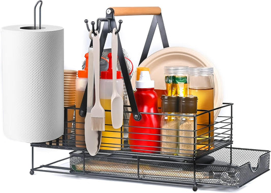 Grill Caddy with Paper Towel Holder and Plate Holder,Picnic BBQ Condiment Utensil Organizer Caddy for Camping, Rv, Camping Essential, Camper Must Haves, Grilling Gifts for Men