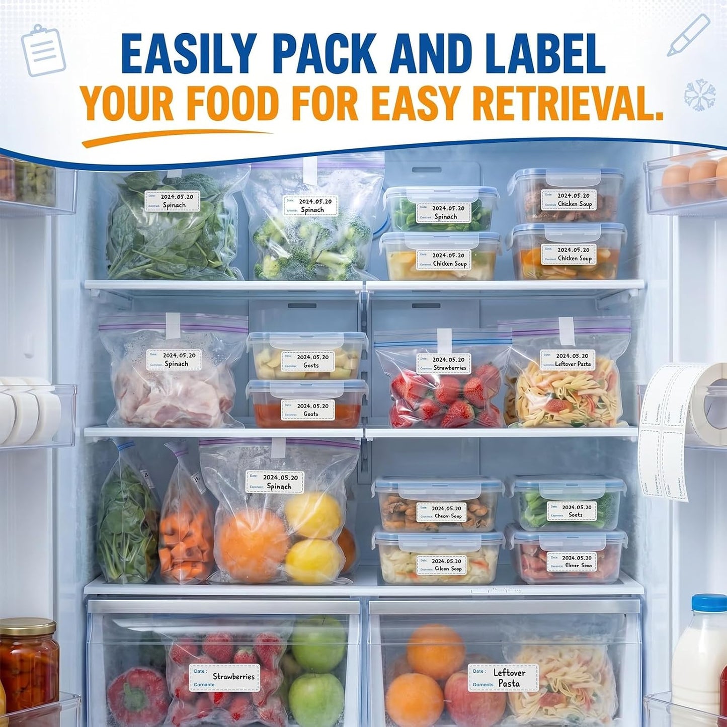 Resurhang Freezer Label Kit for Food Storage Includes 500 Pcs Waterproof Removable Food Labels 3/4 Inch x 55 Yd, 3 Rolls Masking Tape, 3 Marker Pens for Kitchens Refrigerator Meal Prep(White)