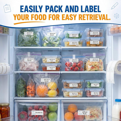 Resurhang Freezer Label Kit for Food Storage Includes 500 Pcs Waterproof Removable Food Labels 3/4 Inch x 55 Yd, 3 Rolls Masking Tape, 3 Marker Pens for Kitchens Refrigerator Meal Prep(White)