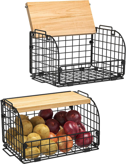 2 Set Stackable Wire Basket with Openable Top, Kitchen Counter, Pantry Organizer and Storage Produce Onion Potato Fruits Vegs Bread Food Snack Spice Organizing Bin for Cabinet Shelf Countertop Floor