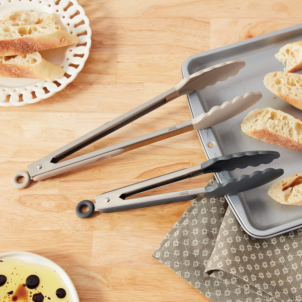 Tovolo Stainless Steel Tongs with Silicone Tips Set of 3 Mini 7” 9” 12 Inch with Easy Lock Mechanism for Cooking Grilling Air Fryer Serving, Red Black Charcoal Gray Heat Resistant Kitchen Tongs